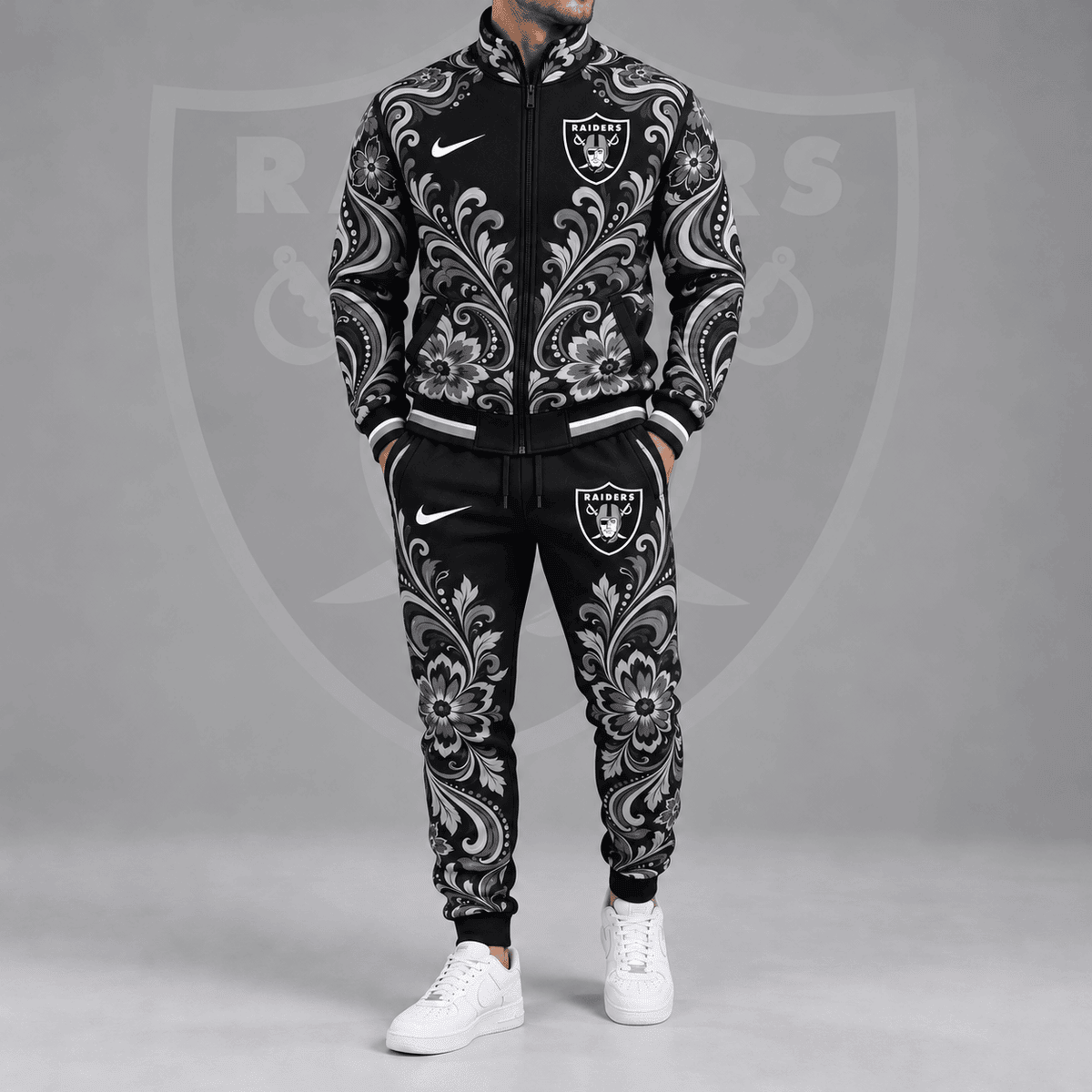 Las Vegas Raiders | Premium NFL Ornamental Floral Paisley Full Zip Jacket & Matching Jogger Pants Tracksuit Set NDN cover
