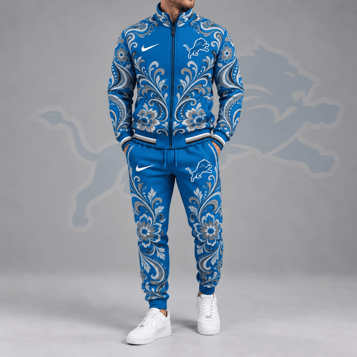 Detroit Lions | Premium NFL Ornamental Floral Paisley Full Zip Jacket & Matching Jogger Pants Tracksuit Set NDN cover