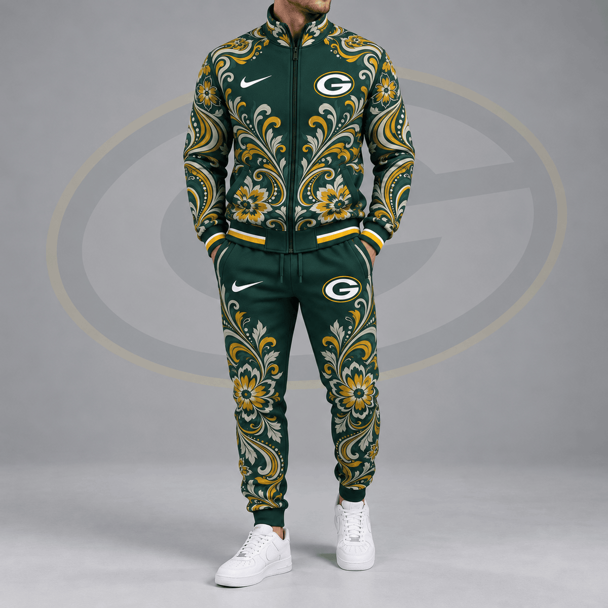 Green Bay Packers | Premium NFL Ornamental Floral Paisley Full Zip Jacket & Matching Jogger Pants Tracksuit Set NDN cover