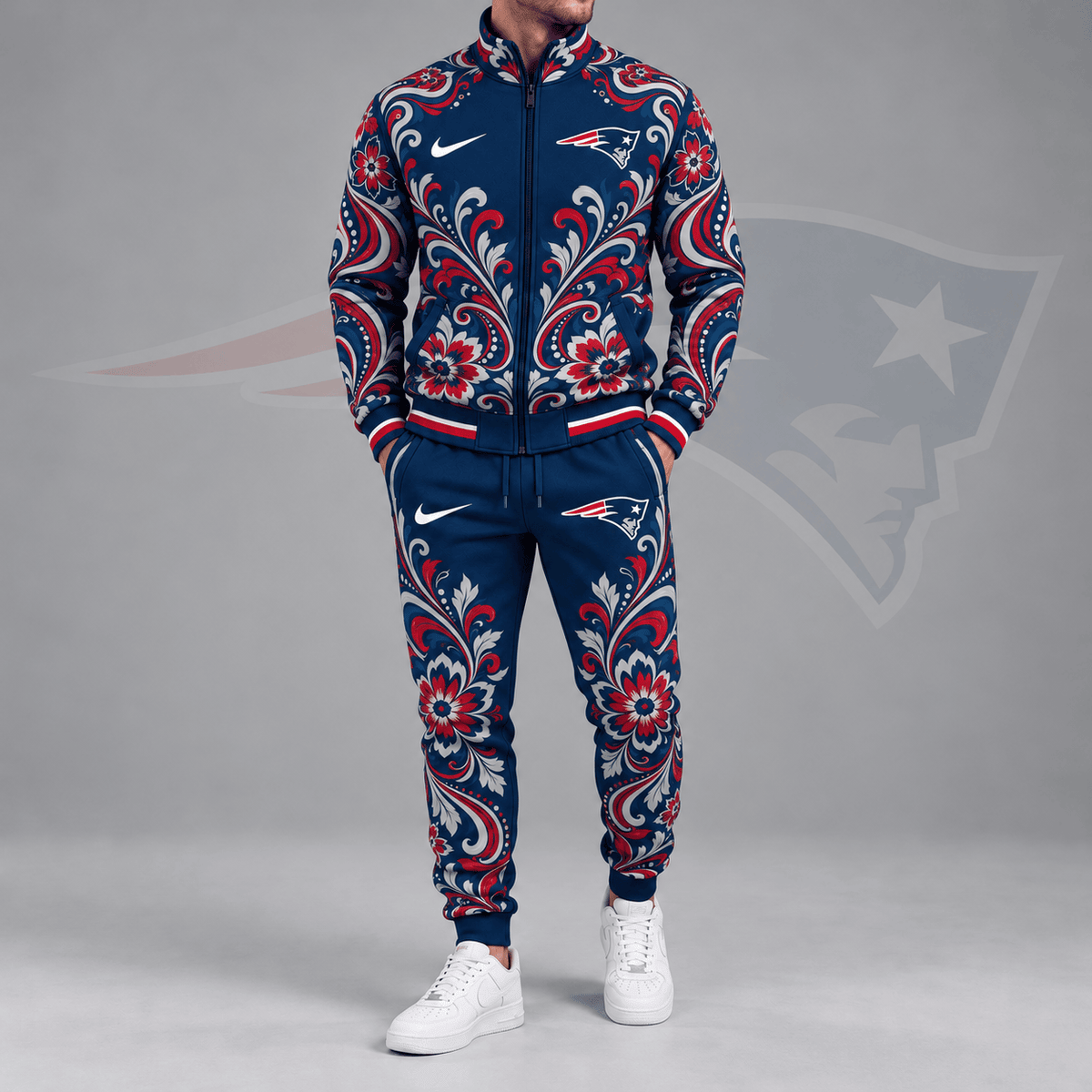 New England Patriots | Premium NFL Ornamental Floral Paisley Full Zip Jacket & Matching Jogger Pants Tracksuit Set NDN cover
