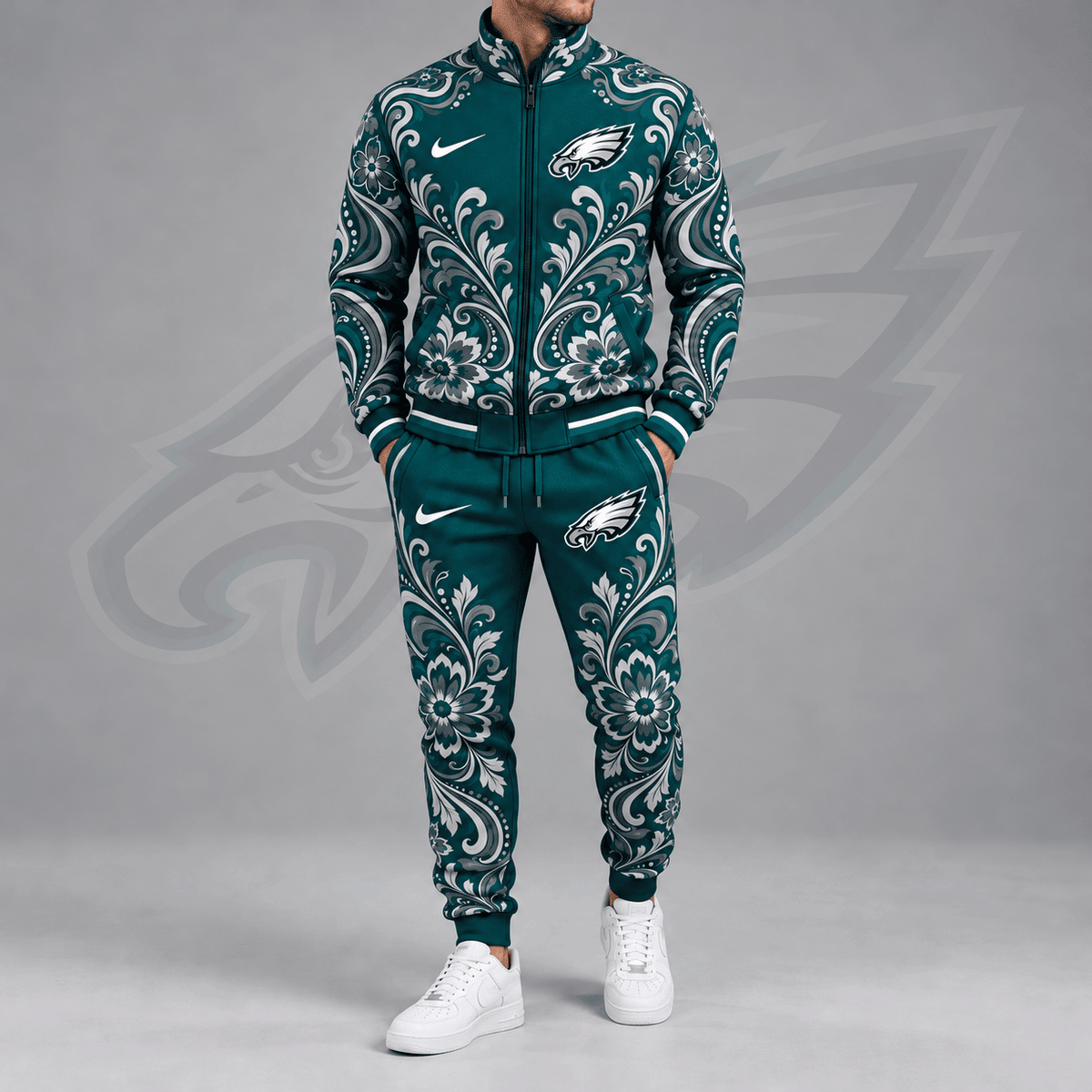 Philadelphia Eagles | Premium NFL Ornamental Floral Paisley Full Zip Jacket & Matching Jogger Pants Tracksuit Set NDN cover