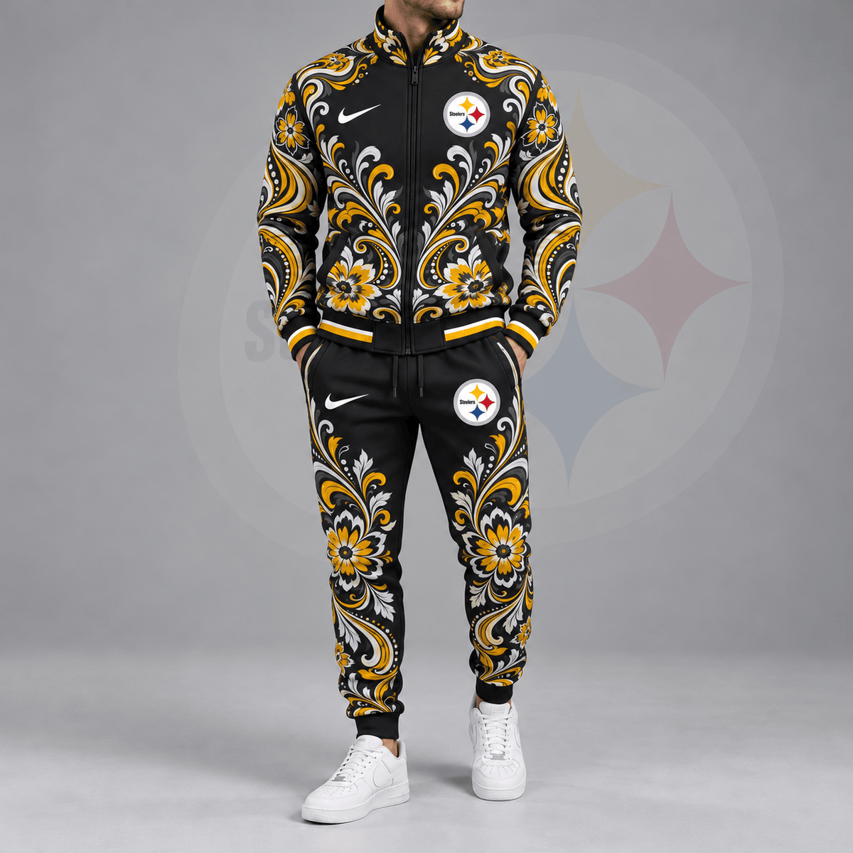 Pittsburgh Steelers | Premium NFL Ornamental Floral Paisley Full Zip Jacket & Matching Jogger Pants Tracksuit Set NDN cover