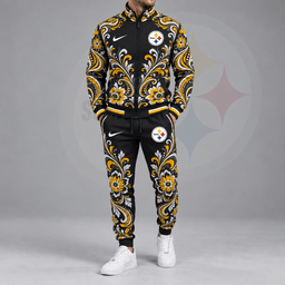 Pittsburgh Steelers | Premium NFL Ornamental Floral Paisley Full Zip Jacket & Matching Jogger Pants Tracksuit Set NDN cover