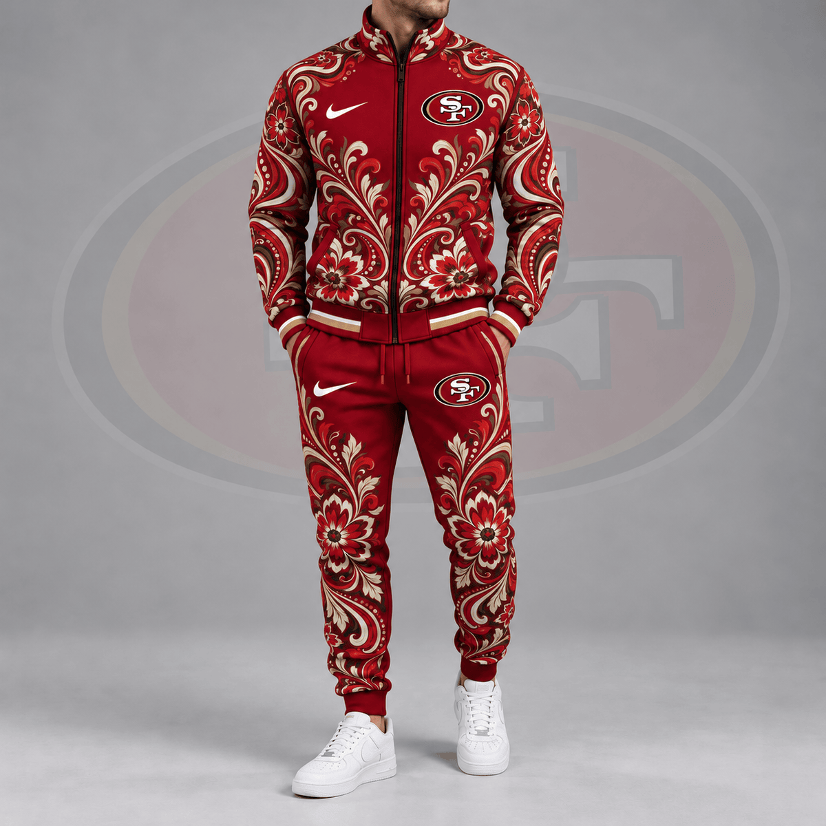 San Francisco 49ers | Premium NFL Ornamental Floral Paisley Full Zip Jacket & Matching Jogger Pants Tracksuit Set NDN cover
