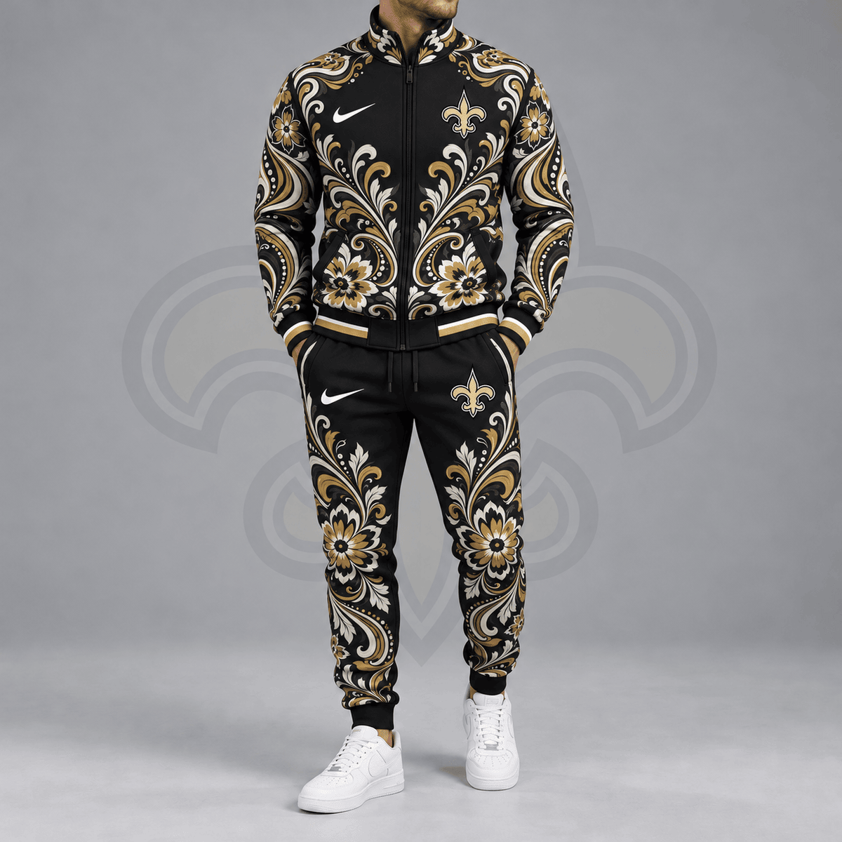 New Orleans Saints | Premium NFL Ornamental Floral Paisley Full Zip Jacket & Matching Jogger Pants Tracksuit Set NDN cover