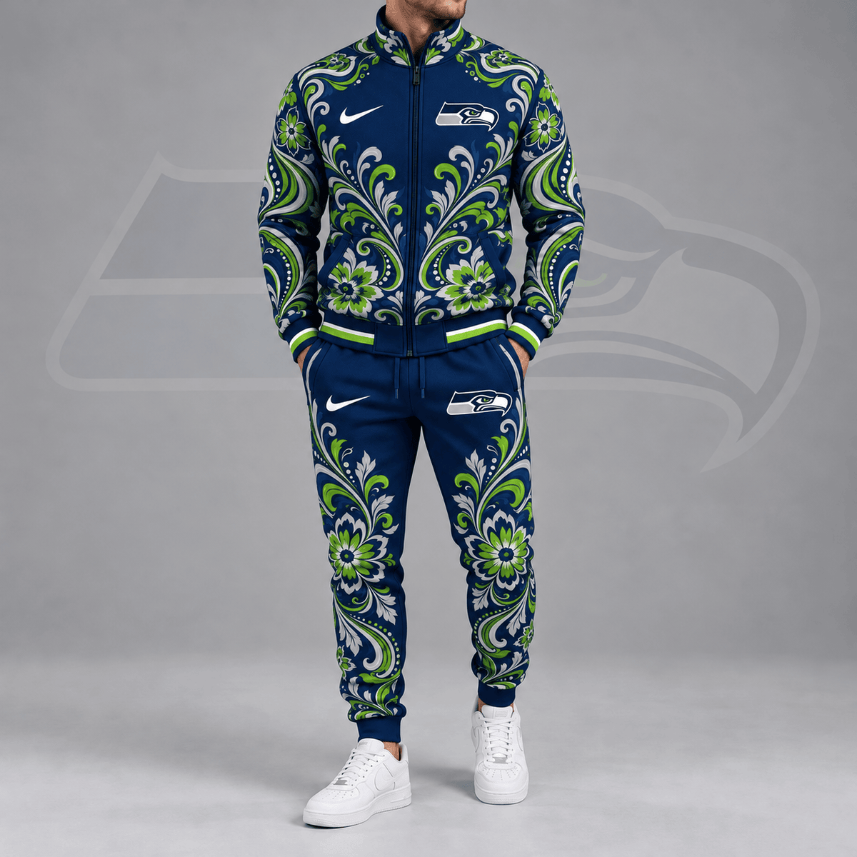 Seattle Seahawks | Premium NFL Ornamental Floral Paisley Full Zip Jacket & Matching Jogger Pants Tracksuit Set NDN cover