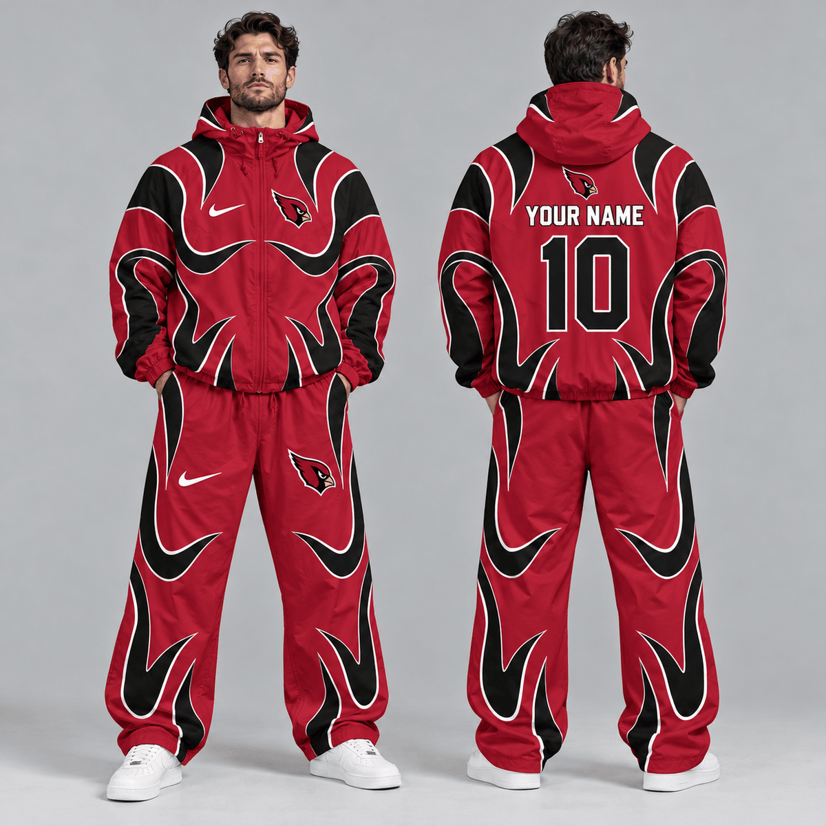 Arizona Cardinals | Premium NFL Personalized Name Number Abstract Wave Hooded Windbreaker Jacket & Wide Leg Pants Set NDN cover