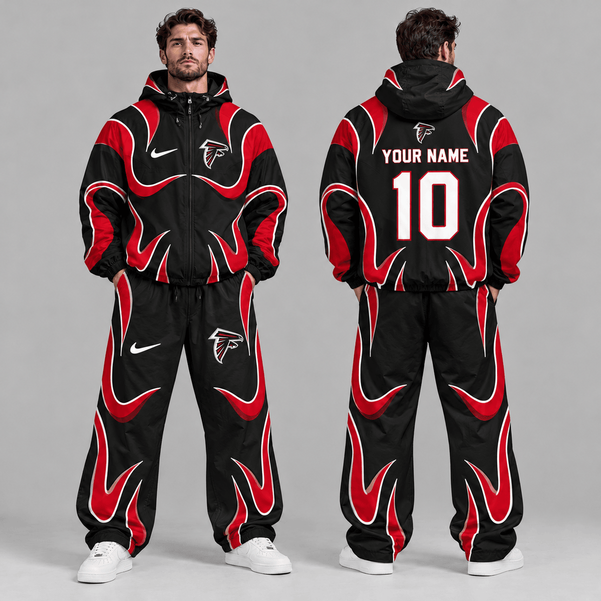Atlanta Falcons | Premium NFL Personalized Name Number Abstract Wave Hooded Windbreaker Jacket & Wide Leg Pants Set NDN cover