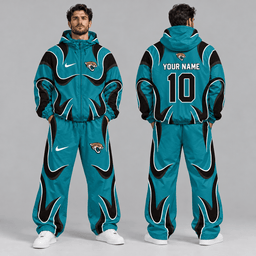 Jacksonville Jaguars | Premium NFL Personalized Name Number Abstract Wave Hooded Windbreaker Jacket & Wide Leg Pants Set NDN cover