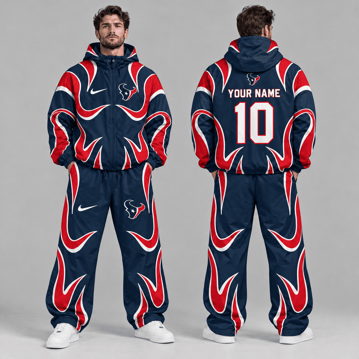 Houston Texans | Premium NFL Personalized Name Number Abstract Wave Hooded Windbreaker Jacket & Wide Leg Pants Set NDN cover
