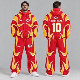 Kansas City Chiefs | Premium NFL Personalized Name Number Abstract Wave Hooded Windbreaker Jacket & Wide Leg Pants Set NDN cover