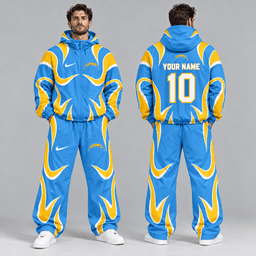 Los Angeles Chargers | Premium NFL Personalized Name Number Abstract Wave Hooded Windbreaker Jacket & Wide Leg Pants Set NDN cover