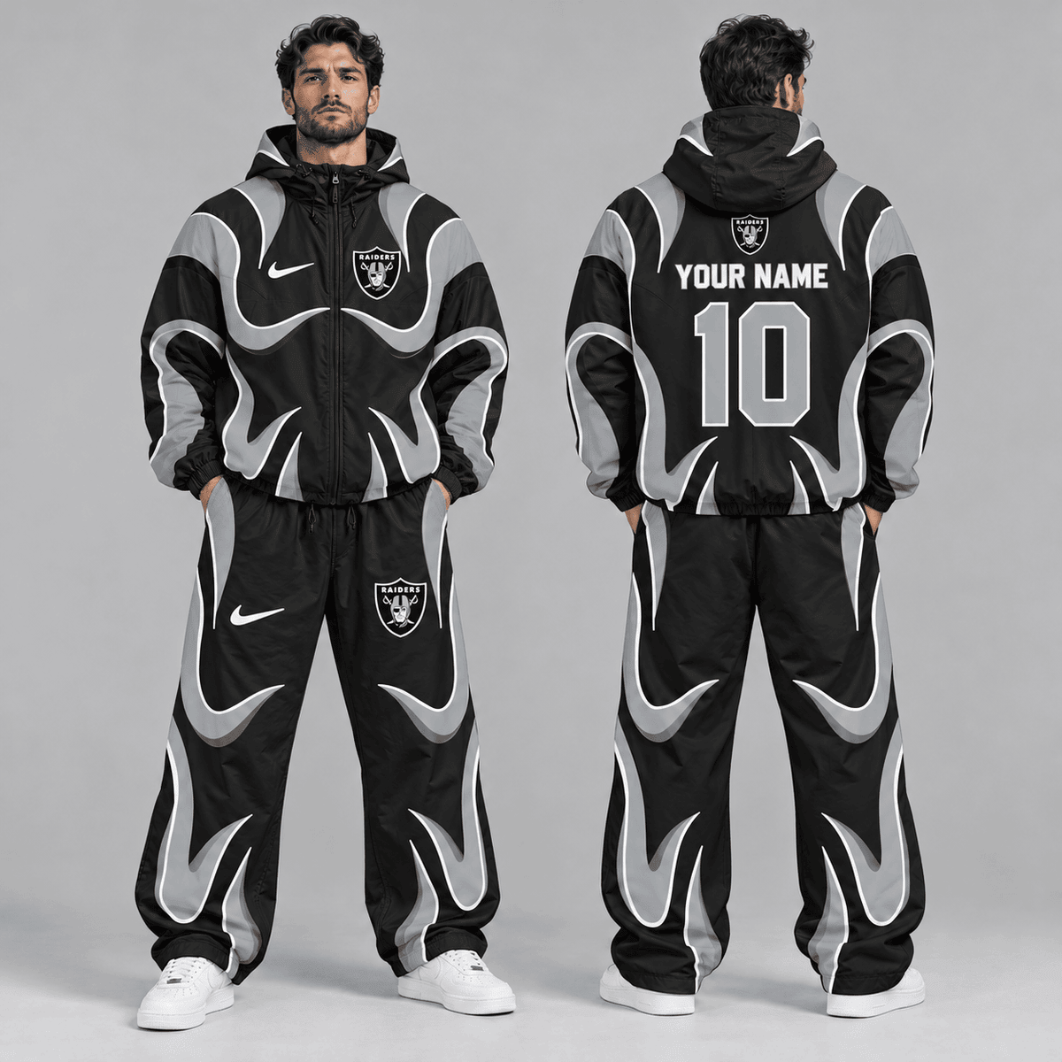Las Vegas Raiders | Premium NFL Personalized Name Number Abstract Wave Hooded Windbreaker Jacket & Wide Leg Pants Set NDN cover
