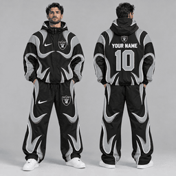 Las Vegas Raiders | Premium NFL Personalized Name Number Abstract Wave Hooded Windbreaker Jacket & Wide Leg Pants Set NDN cover