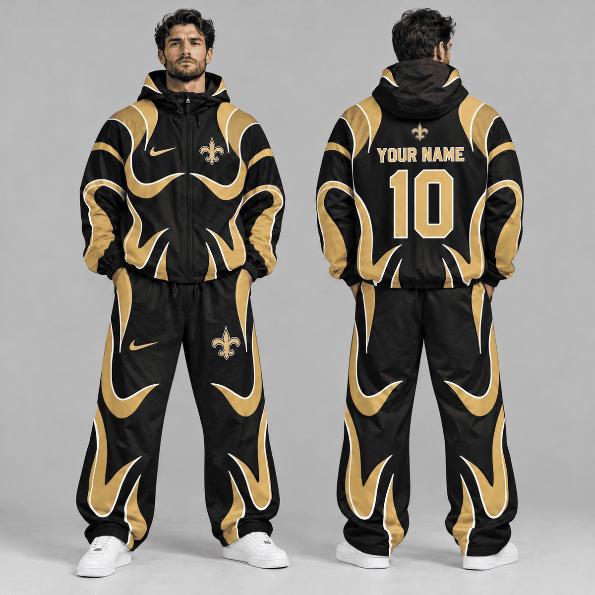 New Orleans Saints | Premium NFL Personalized Name Number Abstract Wave Hooded Windbreaker Jacket & Wide Leg Pants Set NDN cover