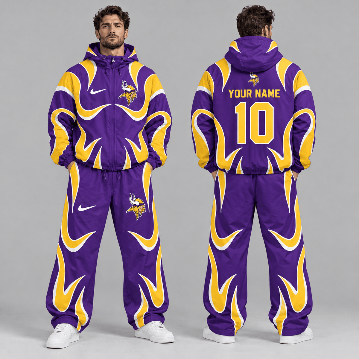 Minnesota Vikings | Premium NFL Personalized Name Number Abstract Wave Hooded Windbreaker Jacket & Wide Leg Pants Set NDN cover