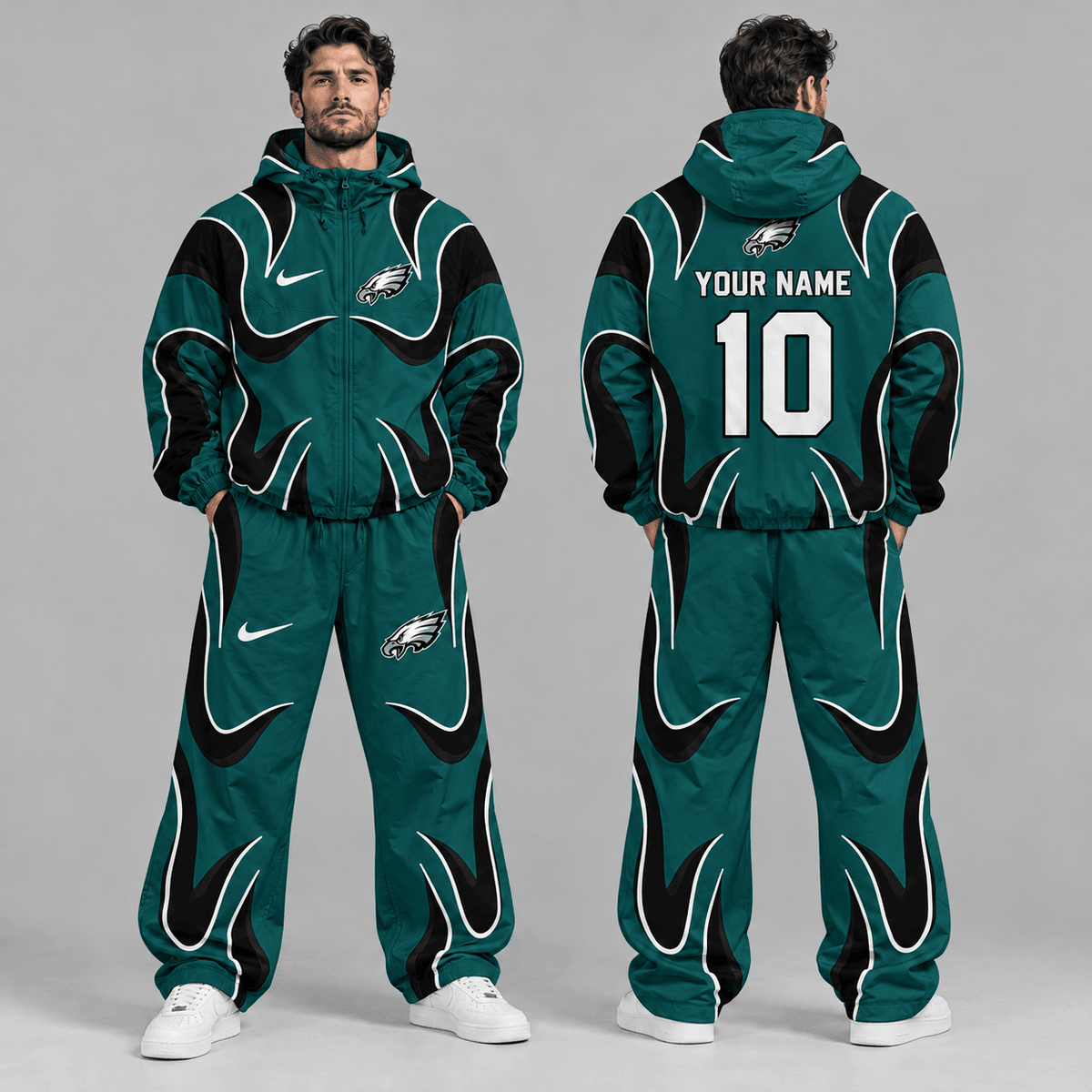Philadelphia Eagles | Premium NFL Personalized Name Number Abstract Wave Hooded Windbreaker Jacket & Wide Leg Pants Set NDN cover