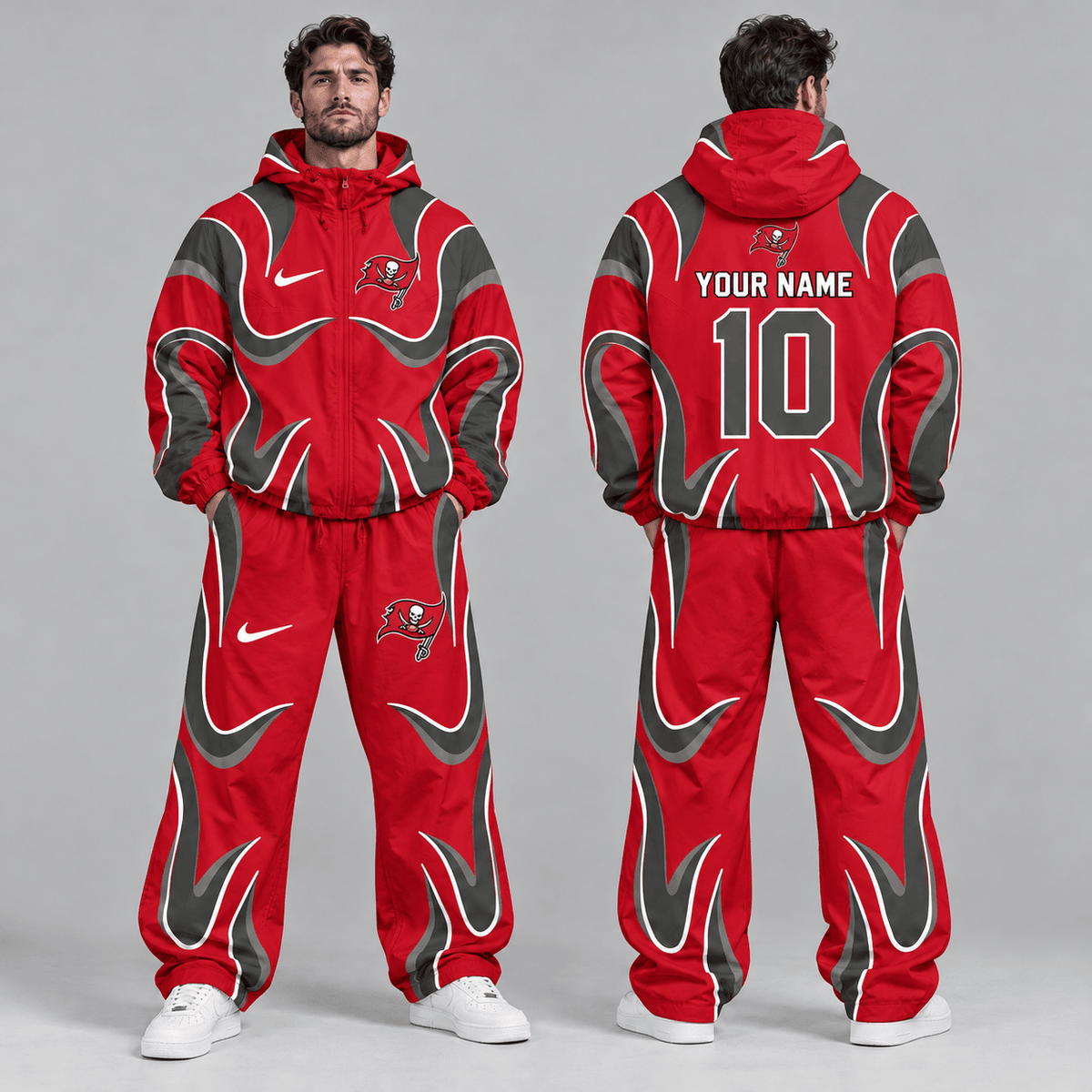 Tampa Bay Buccaneers | Premium NFL Personalized Name Number Abstract Wave Hooded Windbreaker Jacket & Wide Leg Pants Set NDN cover