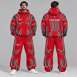 Tampa Bay Buccaneers | Premium NFL Personalized Name Number Abstract Wave Hooded Windbreaker Jacket & Wide Leg Pants Set NDN cover