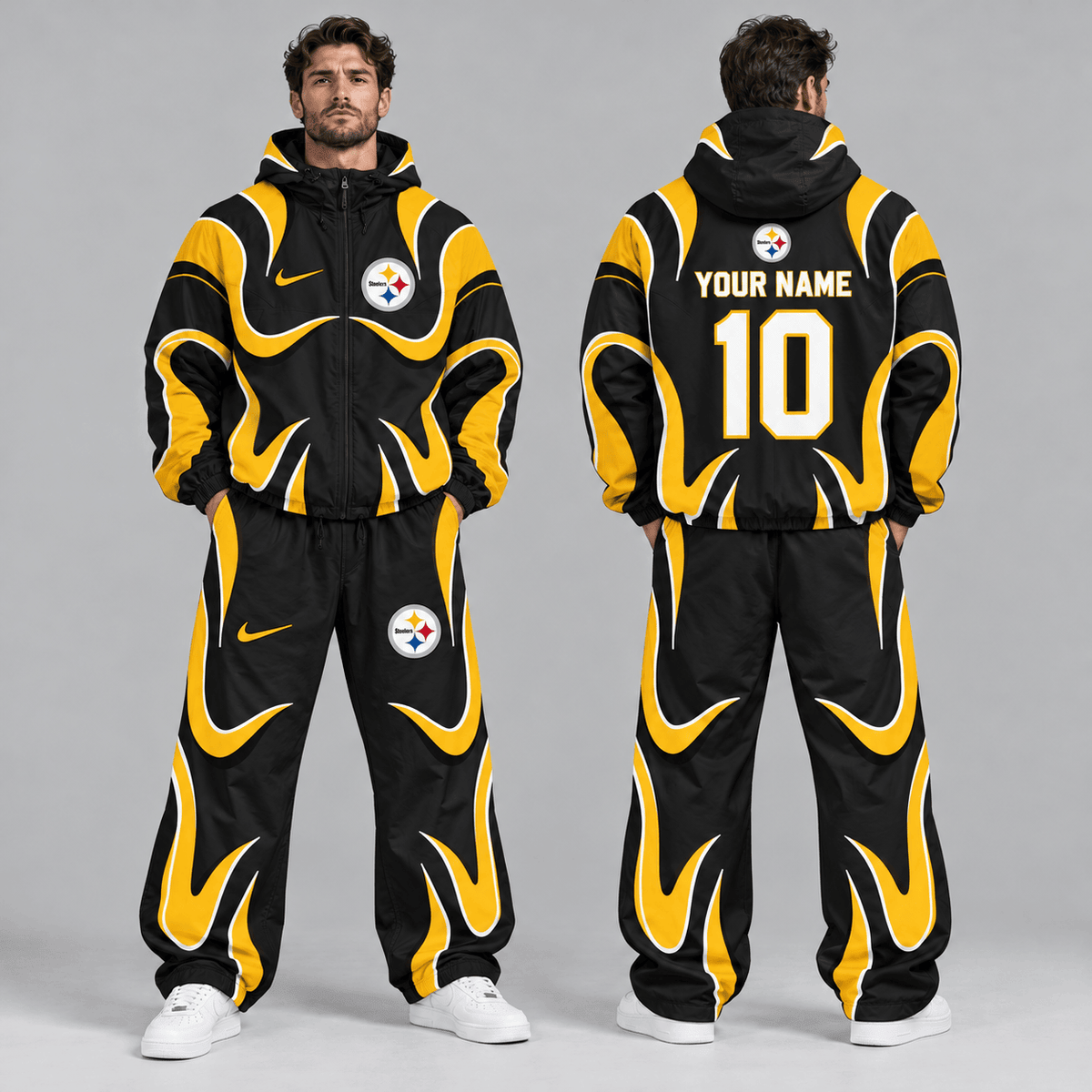 Pittsburgh Steelers | Premium NFL Personalized Name Number Abstract Wave Hooded Windbreaker Jacket & Wide Leg Pants Set NDN cover
