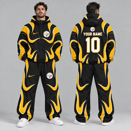 Pittsburgh Steelers | Premium NFL Personalized Name Number Abstract Wave Hooded Windbreaker Jacket & Wide Leg Pants Set NDN cover