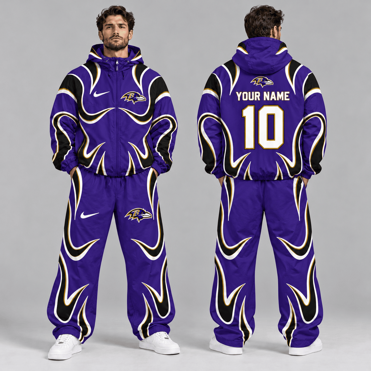 Baltimore Ravens | Premium NFL Personalized Name Number Abstract Wave Hooded Windbreaker Jacket & Wide Leg Pants Set NDN cover