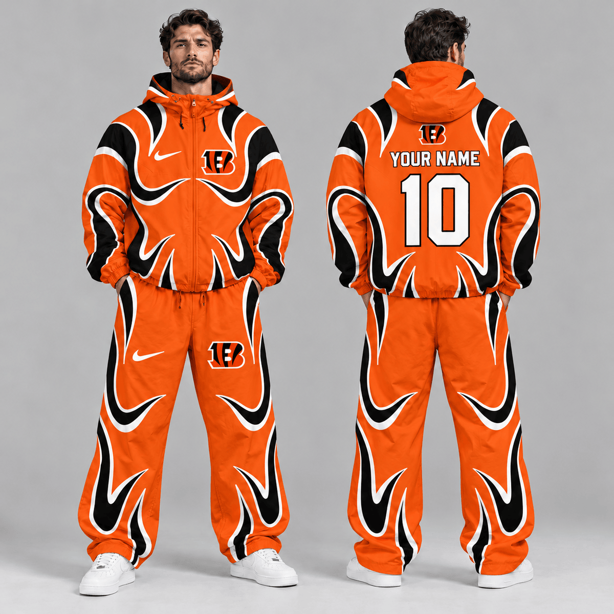 Cincinnati Bengals | Premium NFL Personalized Name Number Abstract Wave Hooded Windbreaker Jacket & Wide Leg Pants Set NDN cover