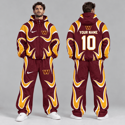Washington Commanders | Premium NFL Personalized Name Number Abstract Wave Hooded Windbreaker Jacket & Wide Leg Pants Set NDN cover