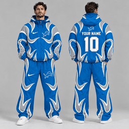 Detroit Lions | Premium NFL Personalized Name Number Abstract Wave Hooded Windbreaker Jacket & Wide Leg Pants Set NDN cover