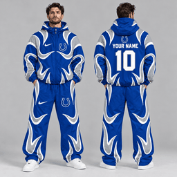 Indianapolis Colts | Premium NFL Personalized Name Number Abstract Wave Hooded Windbreaker Jacket & Wide Leg Pants Set NDN cover