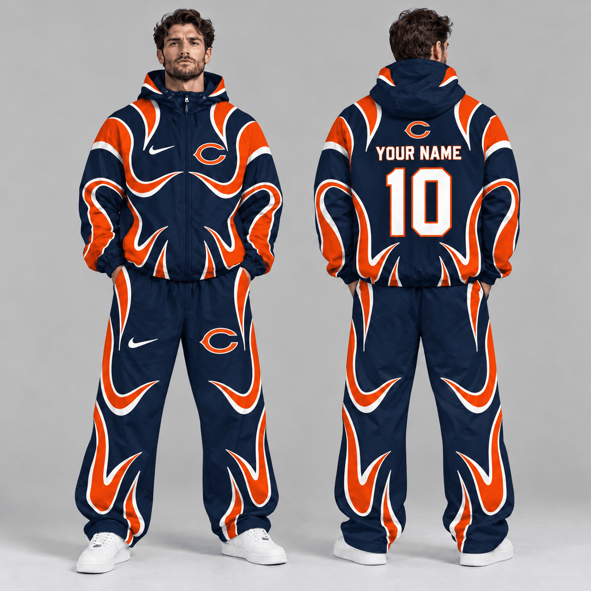 Chicago Bears | Premium NFL Personalized Name Number Abstract Wave Hooded Windbreaker Jacket & Wide Leg Pants Set NDN cover