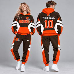 Cleveland Browns | Premium NFL Personalized Name Number Varsity Colorblock Pullover Hoodie & Matching Jogger Pants Set NDN cover