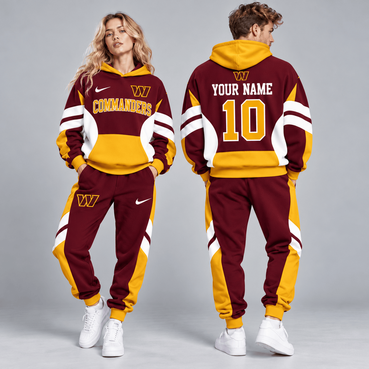 Washington Commanders | Premium NFL Personalized Name Number Varsity Colorblock Pullover Hoodie & Matching Jogger Pants Set NDN cover