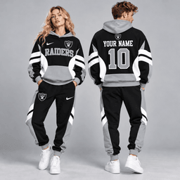 Las Vegas Raiders | Premium NFL Personalized Name Number Varsity Colorblock Pullover Hoodie & Matching Jogger Pants Set NDN cover