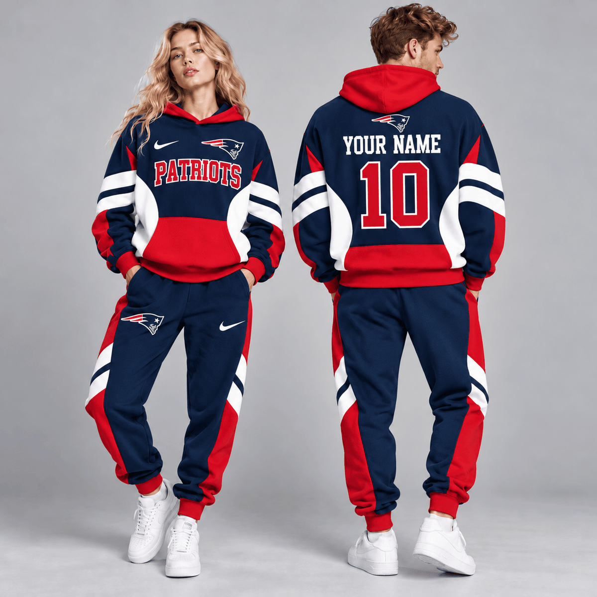 New England Patriots | Premium NFL Personalized Name Number Varsity Colorblock Pullover Hoodie & Matching Jogger Pants Set NDN cover