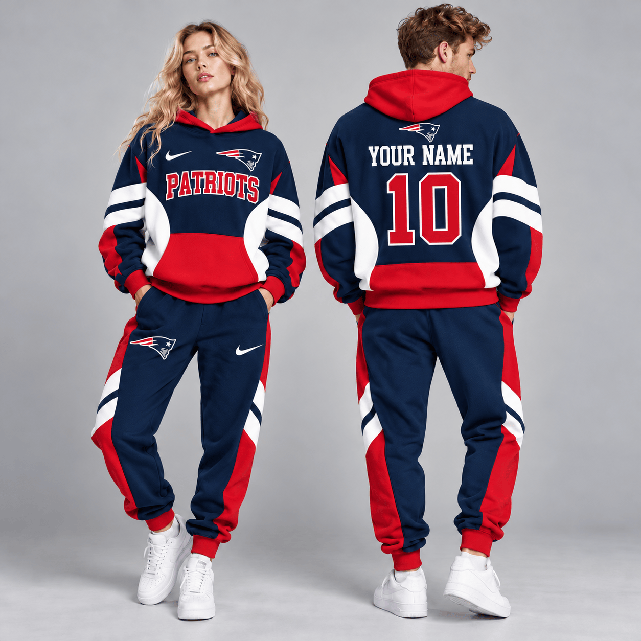 New England Patriots | Premium NFL Personalized Name Number Varsity Colorblock Pullover Hoodie & Matching Jogger Pants Set NDN cover