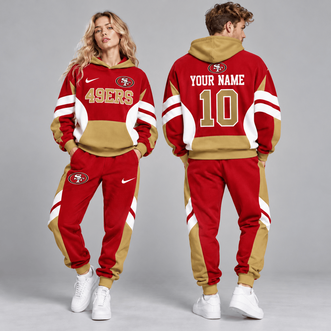 San Francisco 49ers | Premium NFL Personalized Name Number Varsity Colorblock Pullover Hoodie & Matching Jogger Pants Set NDN cover