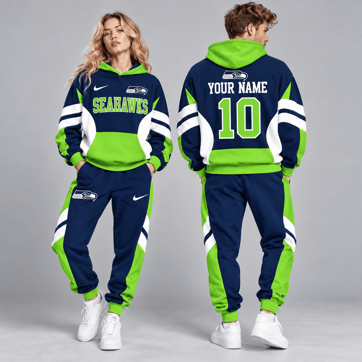 Seattle Seahawks | Premium NFL Personalized Name Number Varsity Colorblock Pullover Hoodie & Matching Jogger Pants Set NDN cover