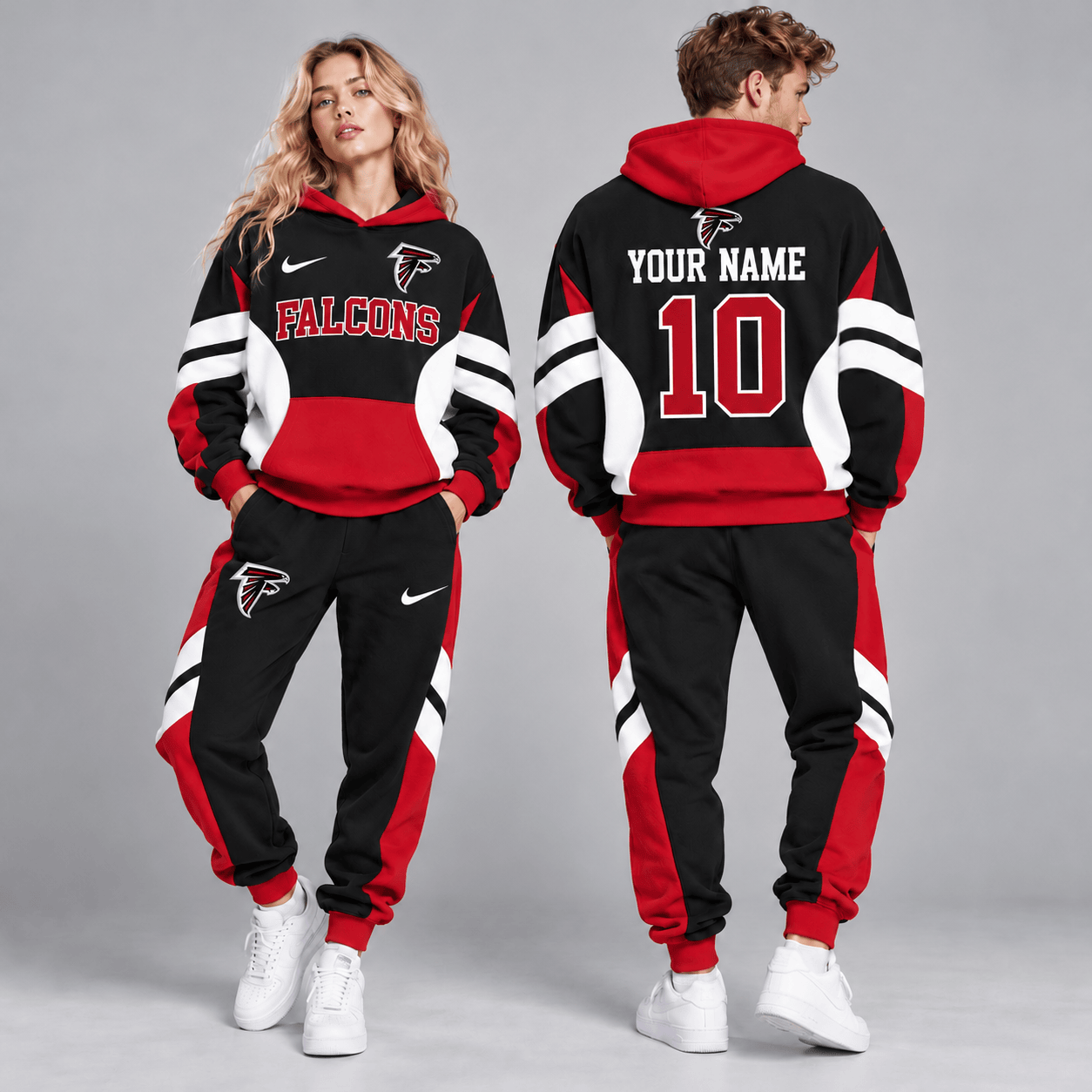 Atlanta Falcons | Premium NFL Personalized Name Number Varsity Colorblock Pullover Hoodie & Matching Jogger Pants Set NDN cover