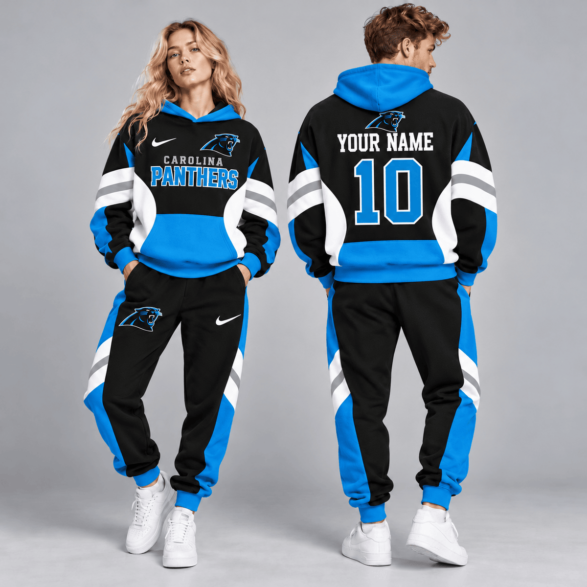 Carolina Panthers | Premium NFL Personalized Name Number Varsity Colorblock Pullover Hoodie & Matching Jogger Pants Set NDN cover