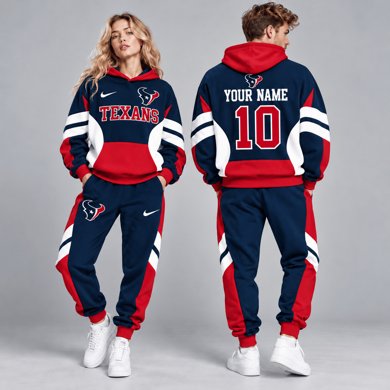 Houston Texans | Premium NFL Personalized Name Number Varsity Colorblock Pullover Hoodie & Matching Jogger Pants Set NDN cover