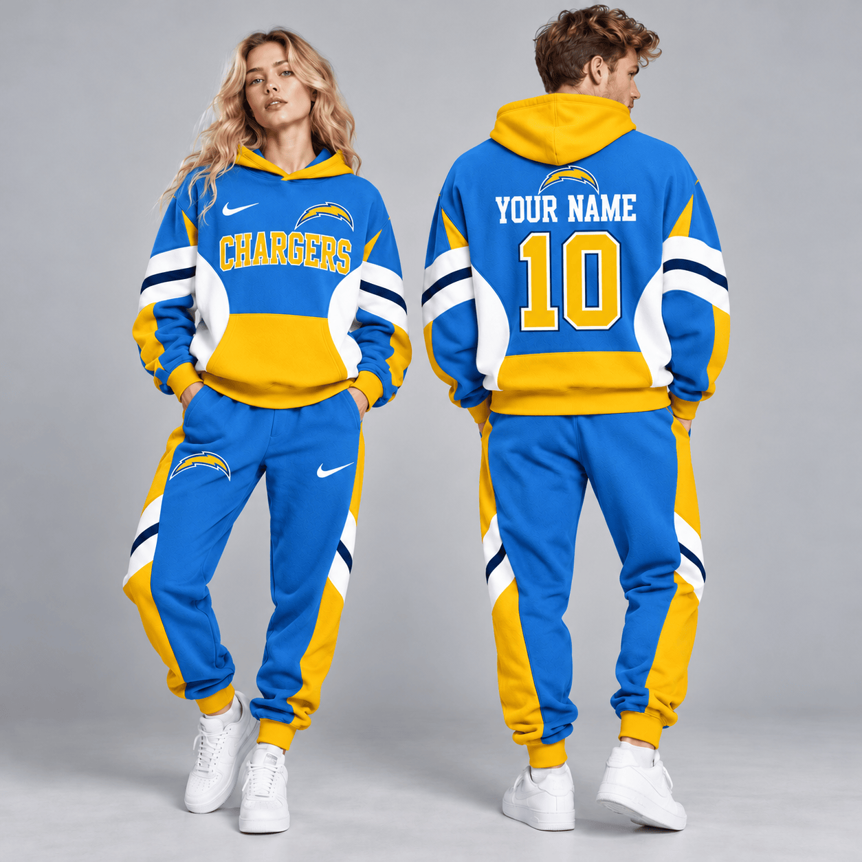 Los Angeles Chargers | Premium NFL Personalized Name Number Varsity Colorblock Pullover Hoodie & Matching Jogger Pants Set NDN cover