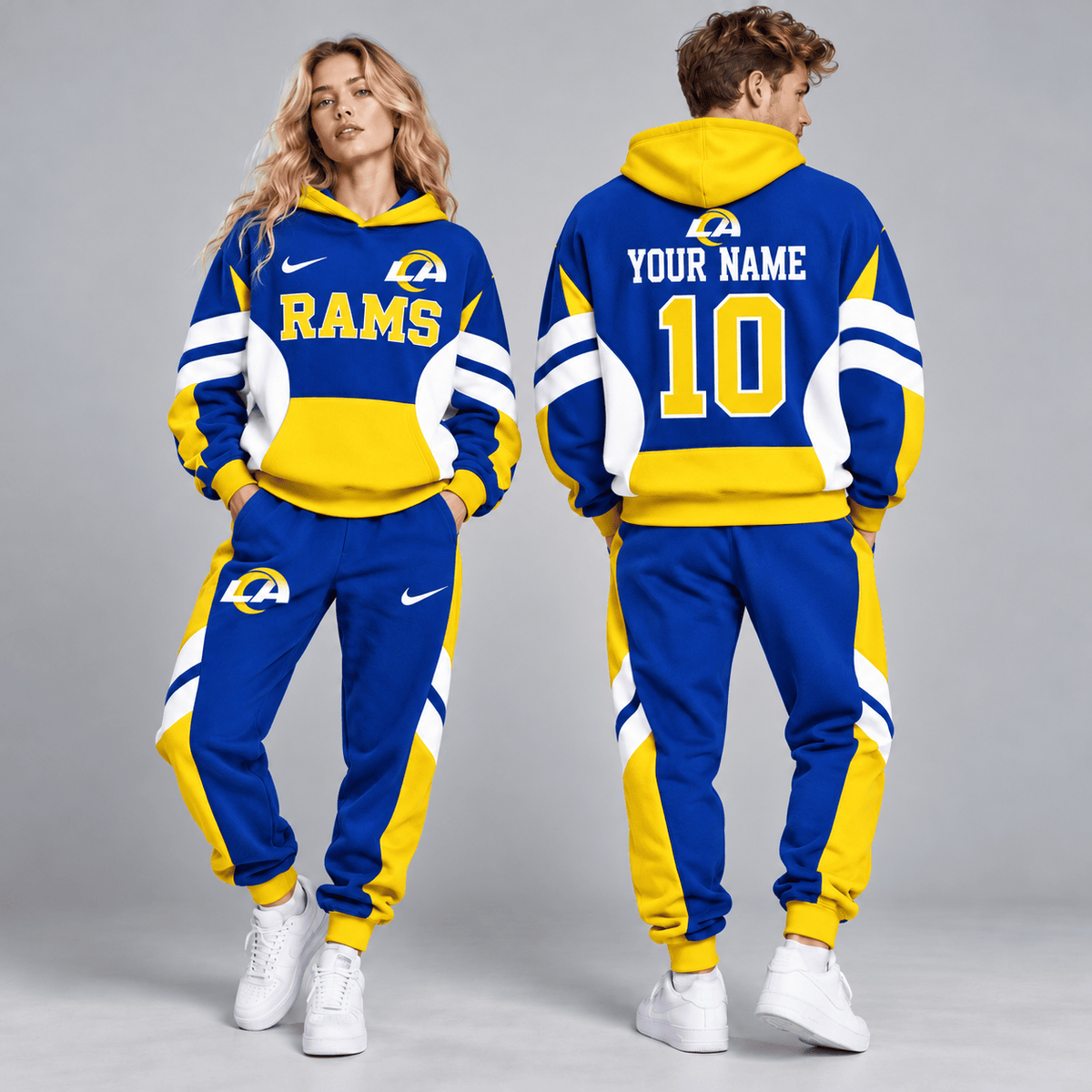 Los Angeles Rams | Premium NFL Personalized Name Number Varsity Colorblock Pullover Hoodie & Matching Jogger Pants Set NDN cover
