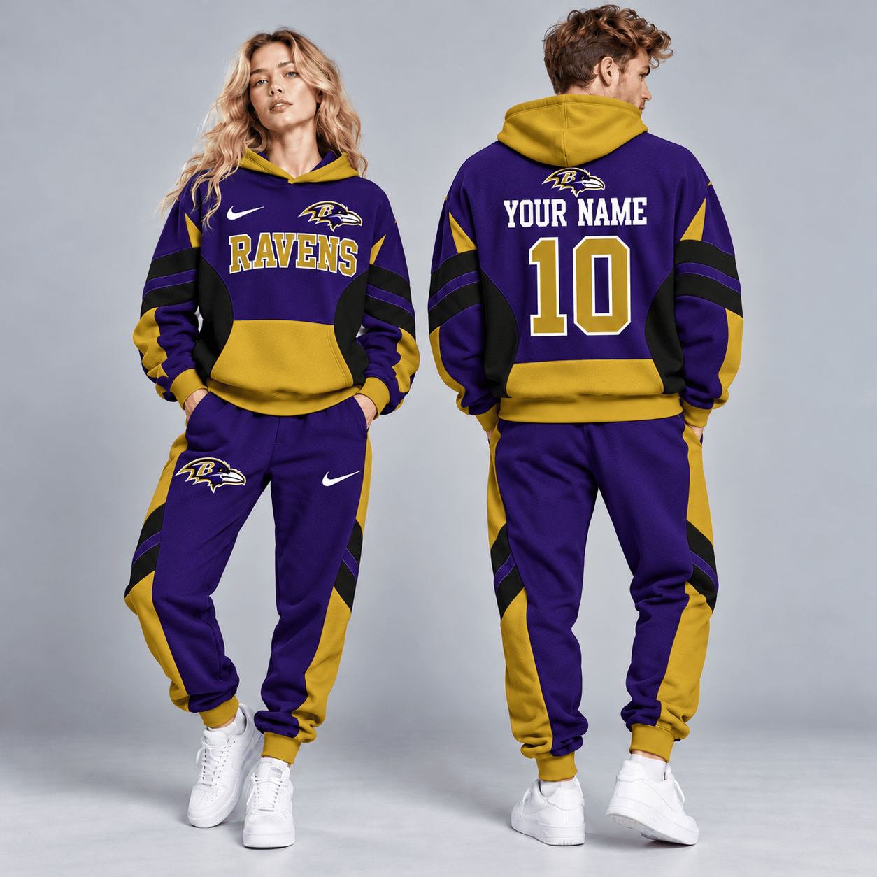 Baltimore Ravens | Premium NFL Personalized Name Number Varsity Colorblock Pullover Hoodie & Matching Jogger Pants Set NDN cover