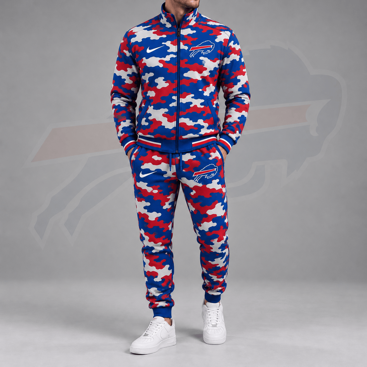 Buffalo Bills | Premium NFL All Over Camo Print Stand Collar Zip Up Jacket & Slim Fit Jogger Pants Tracksuit Set NDN cover