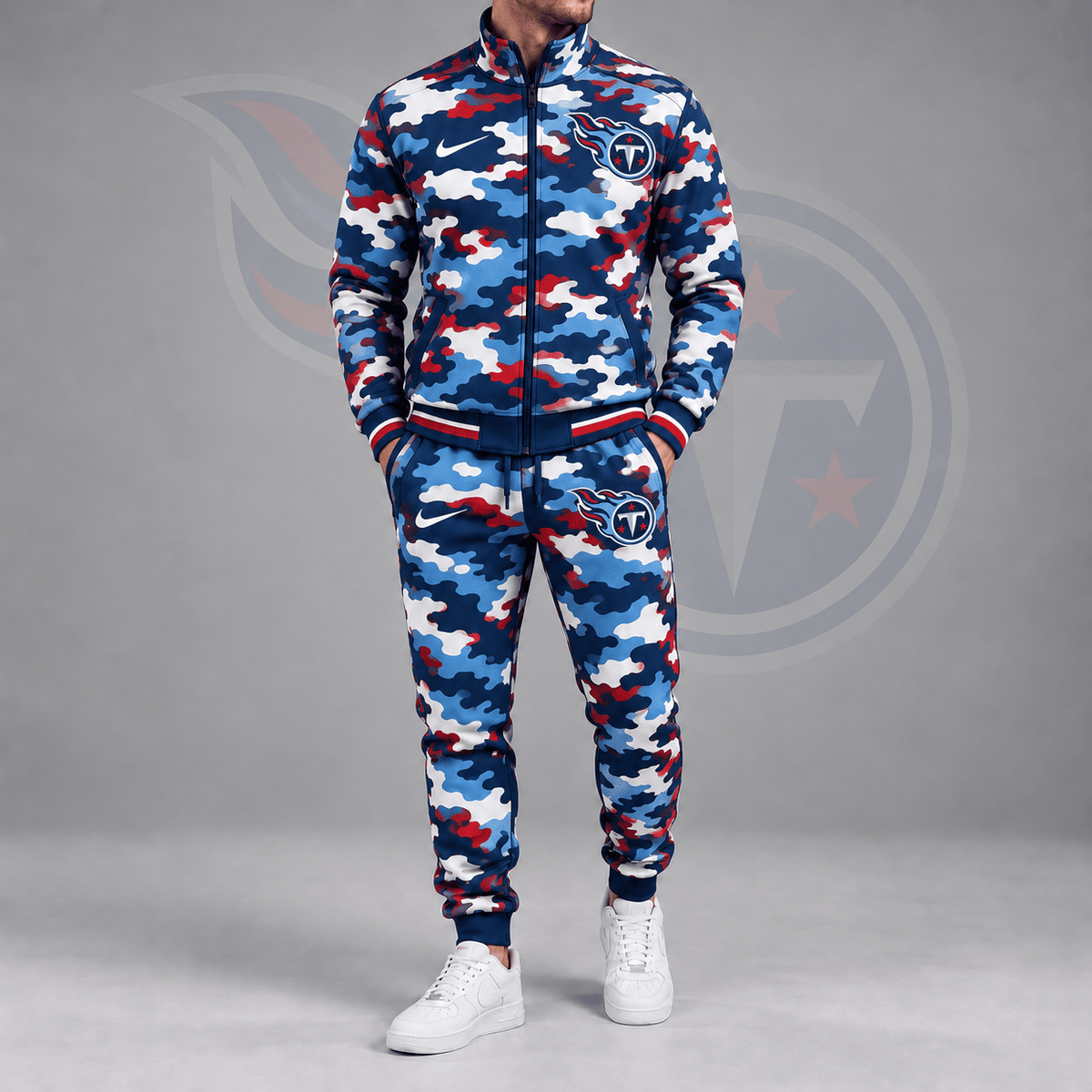 Tennessee Titans | Premium NFL All Over Camo Print Stand Collar Zip Up Jacket & Slim Fit Jogger Pants Tracksuit Set NDN cover