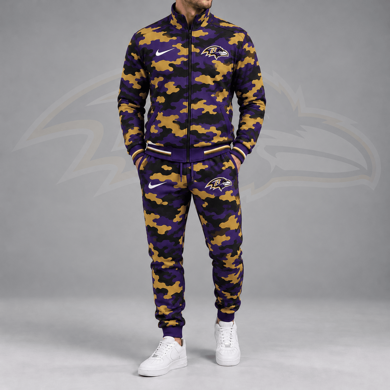 Baltimore Ravens | Premium NFL All Over Camo Print Stand Collar Zip Up Jacket & Slim Fit Jogger Pants Tracksuit Set NDN cover