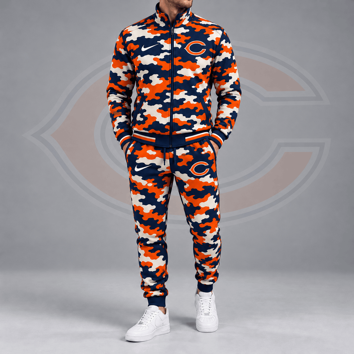 Chicago Bears | Premium NFL All Over Camo Print Stand Collar Zip Up Jacket & Slim Fit Jogger Pants Tracksuit Set NDN cover