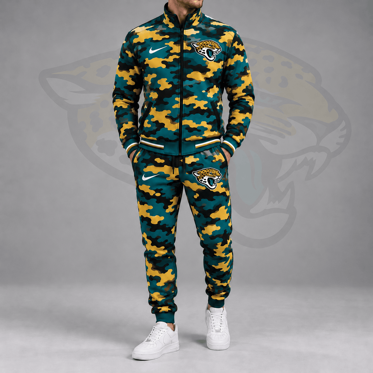 Jacksonville Jaguars | Premium NFL All Over Camo Print Stand Collar Zip Up Jacket & Slim Fit Jogger Pants Tracksuit Set NDN cover