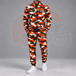 Cleveland Browns | Premium NFL All Over Camo Print Stand Collar Zip Up Jacket & Slim Fit Jogger Pants Tracksuit Set NDN cover